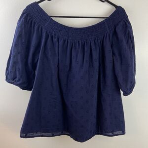 Crown & Ivy Blouse Off Shoulder Puff Sleeve Large Navy Boho